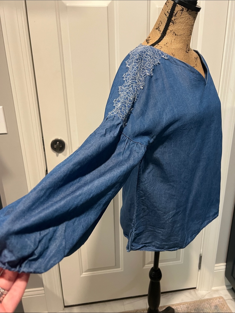 Massimo Dutti Blue‎ Women's Denim-Look Top with Shoulder Lace Western Cowgirl